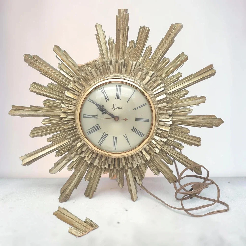 Syroco Sunburst Wall Clock Mid Century Modern‎ Electric Vintage Movement Works
